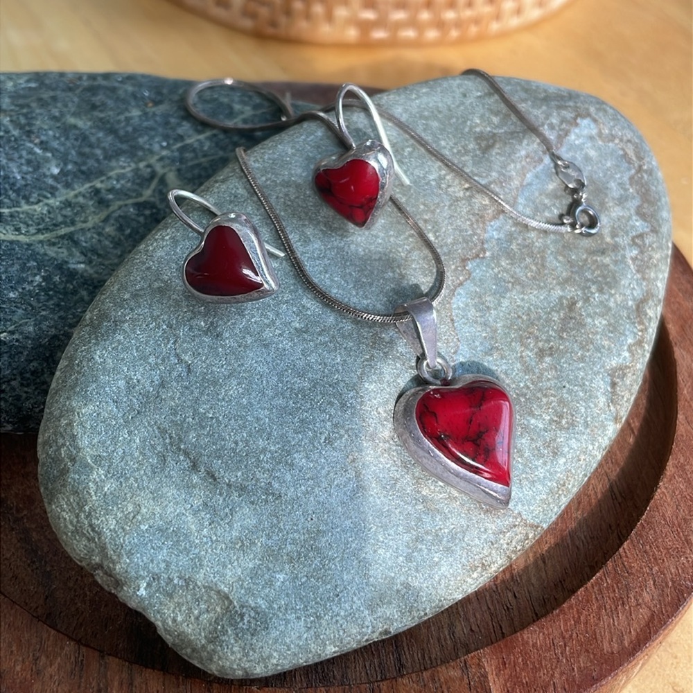 Red Heart Jasper Sterling Earrings and Necklace Mexico - Picture 5 of 12